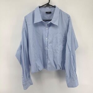 VICI Women's L Light Blue/White Pinstripe Button Down Cropped Bubble Hem Shirt